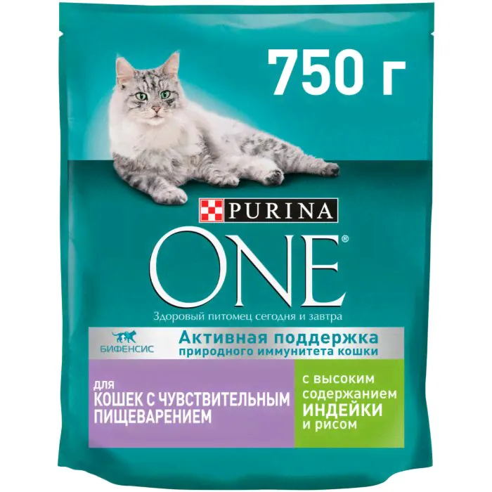 Purina ONE сух. для кошек с чувствительным пищеварением с индейкой и рисом 750г-0