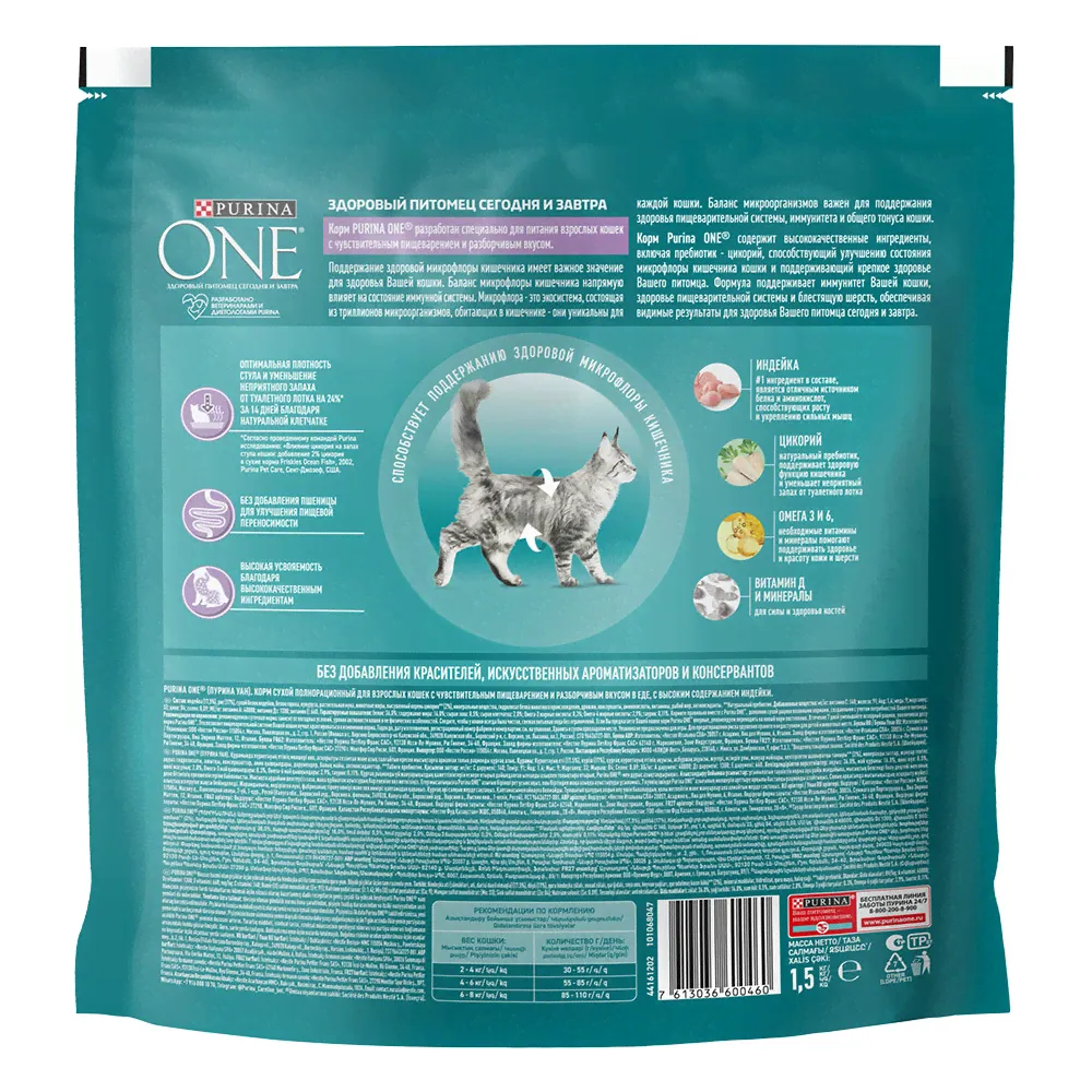 Purina One Сухой корм для кошек с чувствительным пищеварением с индейкой и рисом 1,5 кг-2