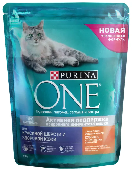 Корм для кошек Purina ONE для здоровья кожи и шерсти, для вывода шерсти, с курицей и с цельными злаками 750 г