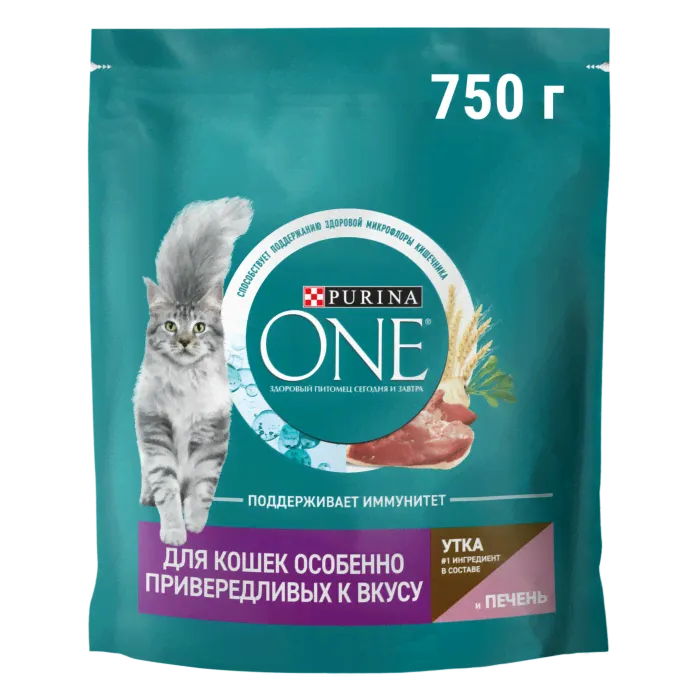 Сухой корм PURINA ONE® для кошек особенно привередливых к вкусу с уткой и печенью, 750 г