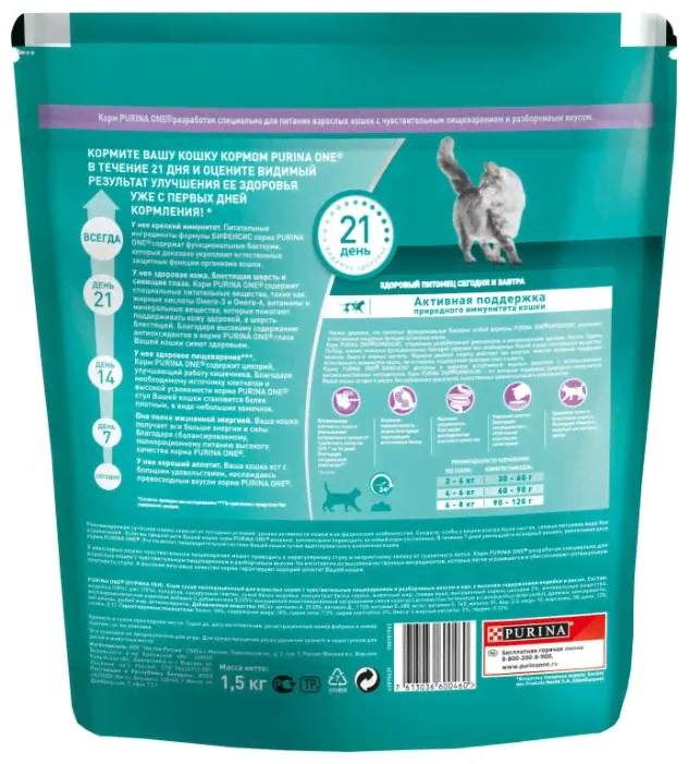 Корм для кошек Purina ONE при чувствительном пищеварении, с индейкой и с рисом 1.5 кг