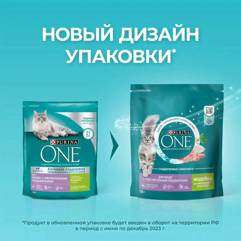 Сухой корм для кошек Purina ONE для чувствительного пищеварения с индейкой 750г