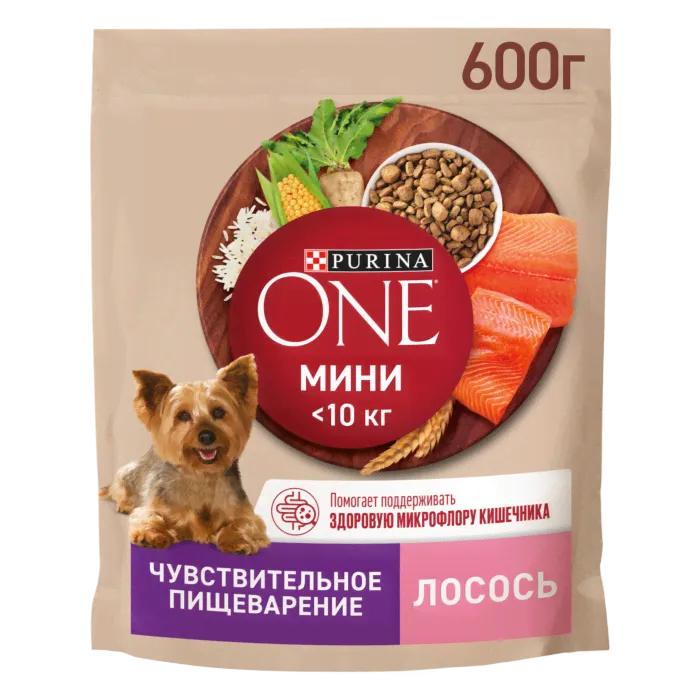 Сухой корм Purina ONE® МИНИ для собак мелких пород для чувствительного пищеварения с лососем и рисом 600 г