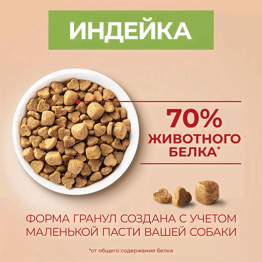 Purina One Сухой корм для взрослых собак мелких и карликовых пород индейка и рис 1,5 кг