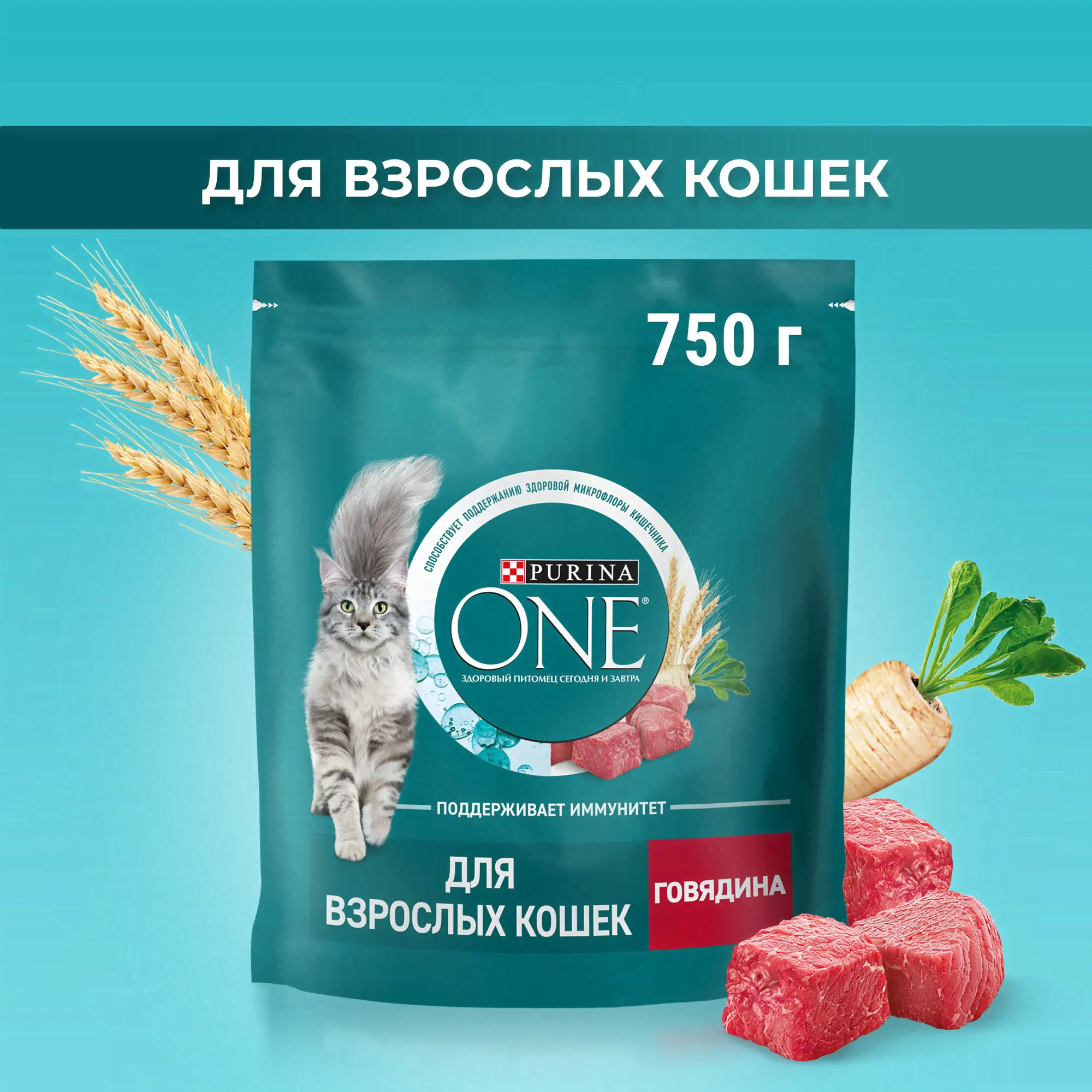 Сухой корм для кошек Purina ONE, с говядиной с цельными злаками, 750 г