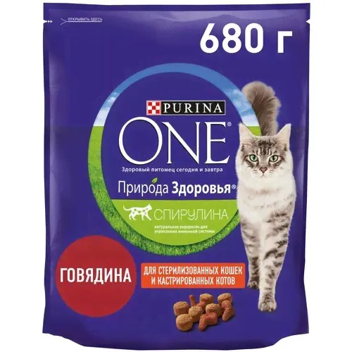 Сухой корм Purina ONE Природа Здоровья для стерилизованных кошек и кастрированных котов с говядиной, 680 г