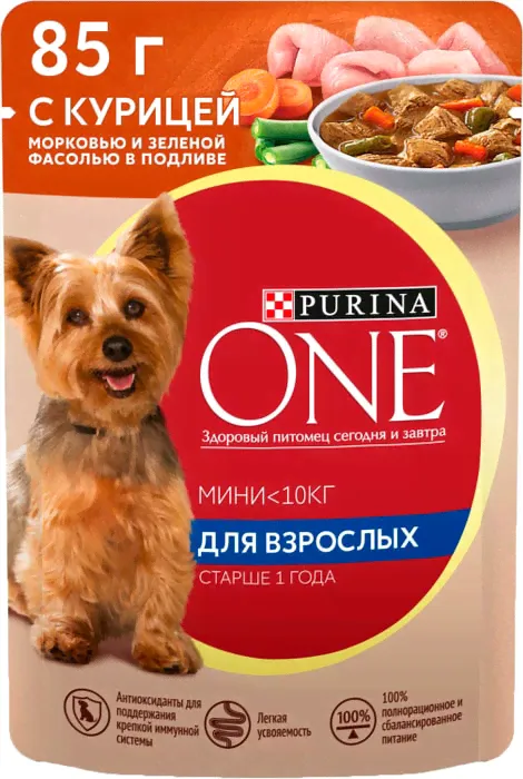 Влажный корм для собак Purina ONE для мелких пород старше 1 года с курицей морковью и зеленой фасолью в подливе 85г-0