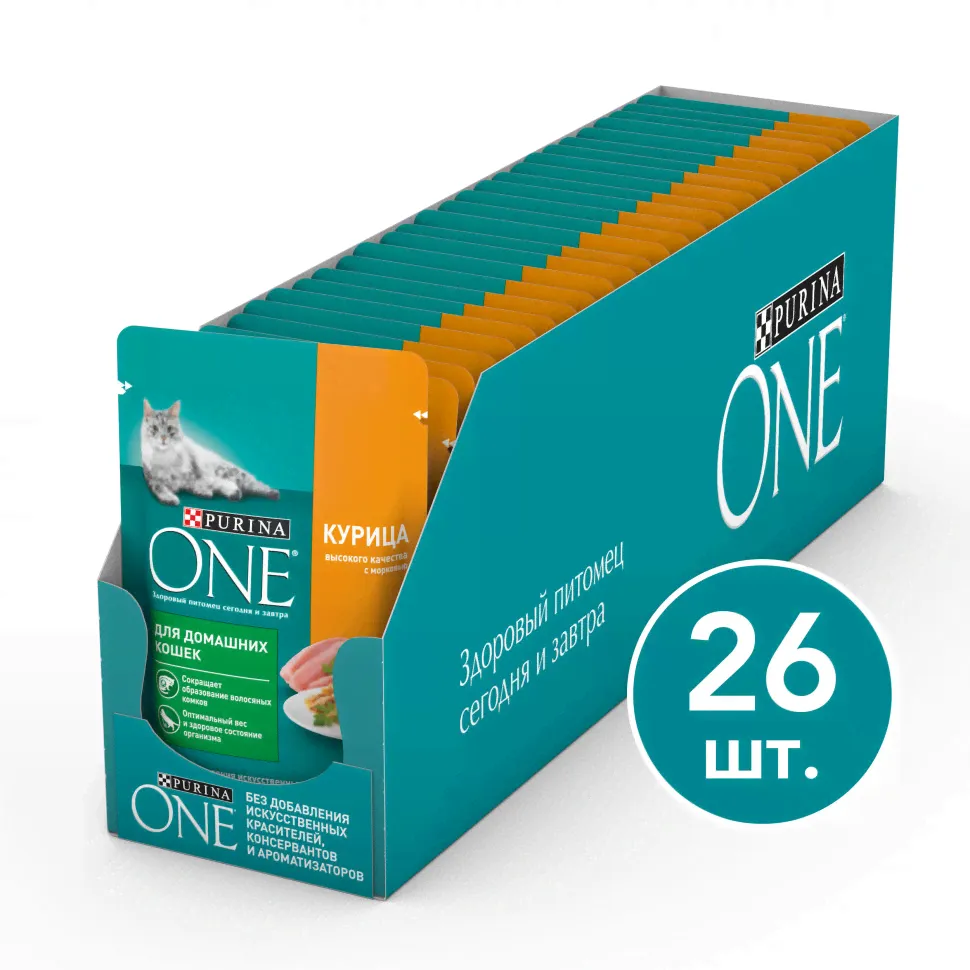 Purina ONE паучи для кошек при домашнем образе жизни с курицей и морковью - 75 г х 26 шт