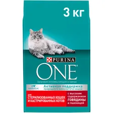 Purina ONE Sterilised Сухой корм для взрослых стерилизованных кошек и кастрированных котов, с говядиной и пшеницей, 3 кг