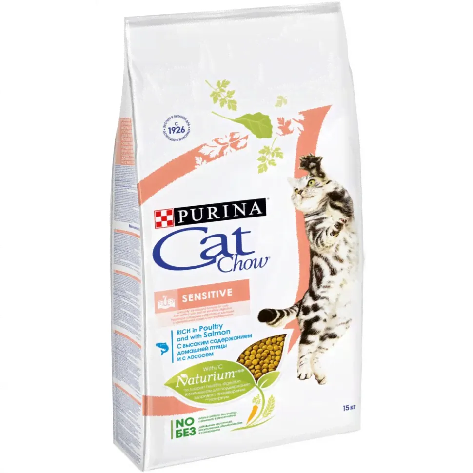 Purina Cat Chow Adult Sensitive для кошек для пищеварения с лососем и домашней птицей - 15 кг-0