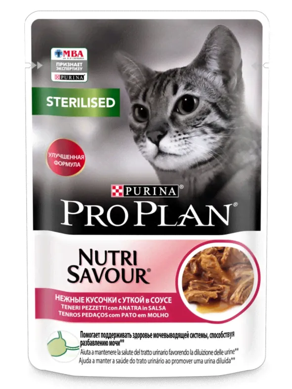 Purina Pro Plan NutriSavour Sterilised влажный корм для взрослых стерилизованных кошек, утка, кусочки в соусе, паучи