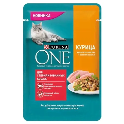 Влажный корм для стерилизованных кошек Purina ONE с курицей, с зелёной фасолью 10 шт. х 75 г (кусочки в соусе)-0