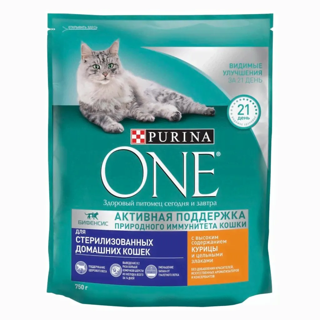 Purina ONE для стерилизованных кошек и кастрированных котов, живущих в домашних условиях, с курицей и злаками (1.5 кг)
