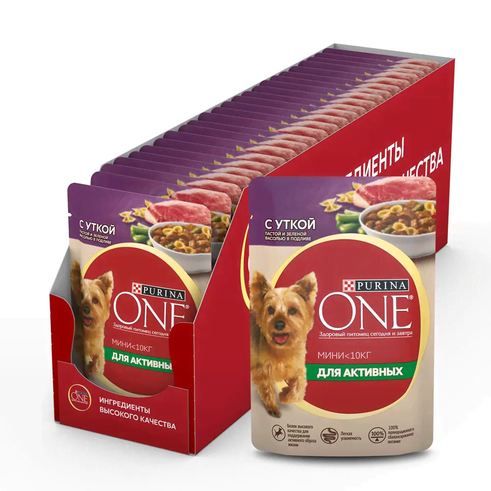 Purina One Mini консервы для активных собак утка паста фасоль