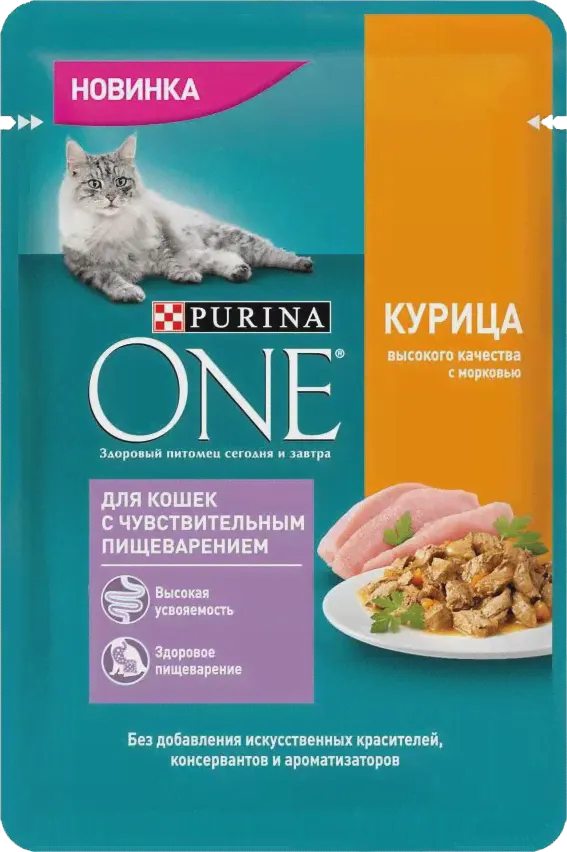 Влажный корм Purina ONE для кошек с чувств.пищеварением Курица морковь 75г пауч-0