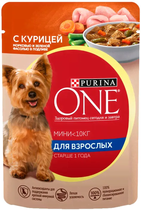 Влажный корм для собак Purina ONE для мелких пород старше 1 года с курицей морковью и зеленой фасолью в подливе 85г-1