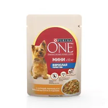 PURINA ONE МИНИ Актив 85 г пауч консервы для собак, с курицей, морковью и зеленой фасолью в подливе 1х26