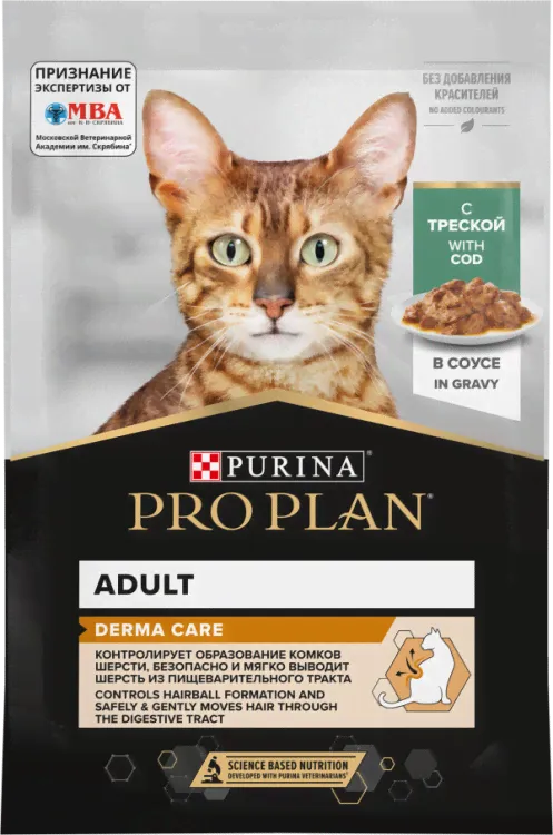 Purina Pro Plan (Пурина Про План) Nutri Savour Adult Derma Care Пауч для кошек для вывода шерсти из желудка с треской в соусе 85 г 5 шт