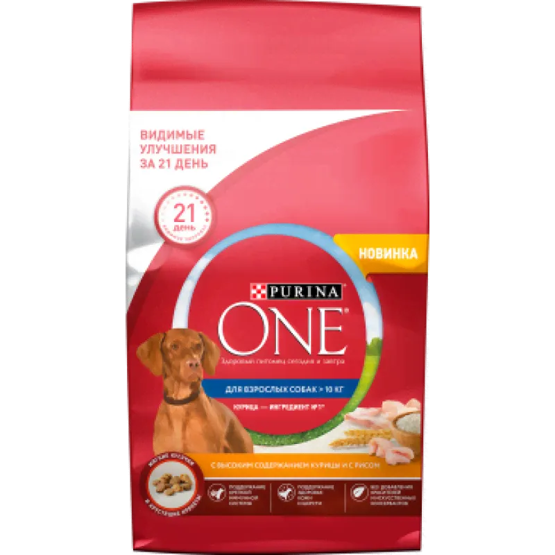 Сухой корм Purina One для взрослых собак средних и крупных пород с высоким содержанием курицы и с рисом, 10 кг