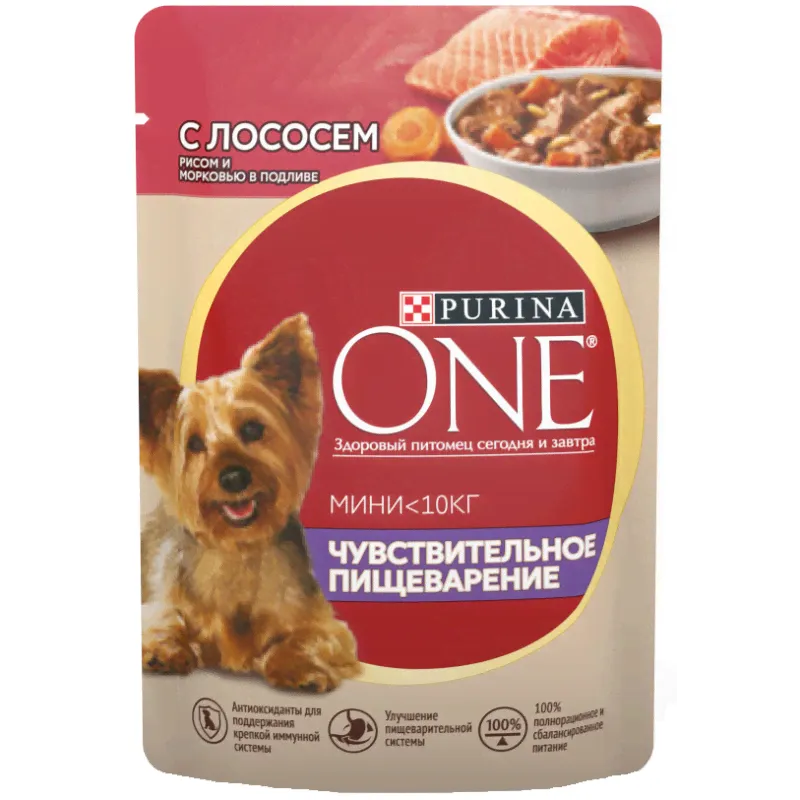 Влажный корм Purina One Mini для взрослых собак мелких пород с чувствительным пищеварением с лососем, рисом и морковью в подливе, 85 г-0
