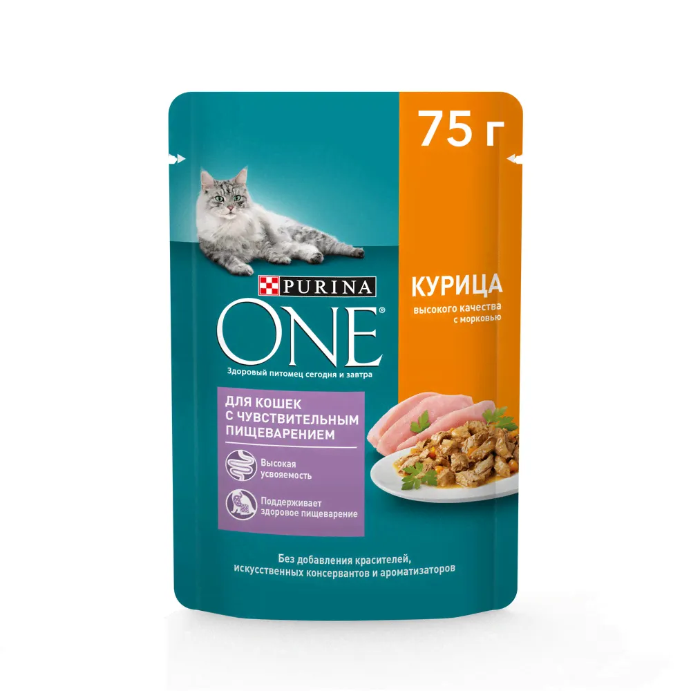 Корм влажный Purina One для кошек при чувствительном пищеварении с курицей и морковью, 75г-1