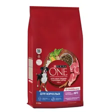 Корм сухой Purina One для взрослых собак средних и крупных пород с ягненком и рисом, 10кг