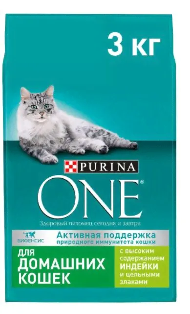 Сухой корм Purina ONE для взрослых кошек, живущих в домашних условиях, индейка и цельные злаки, 3 кг