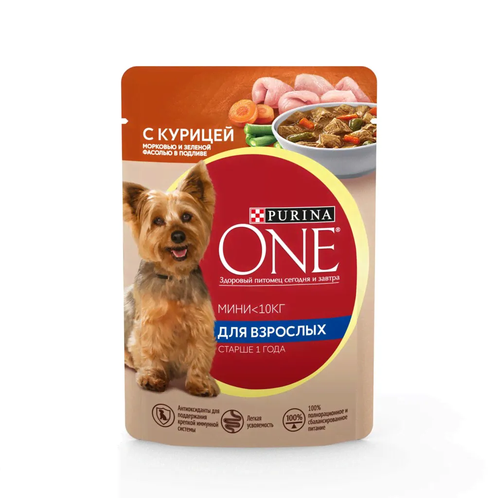 Purina One Мини пауч для собак мелких пород старше 1 года (кусочки в подливе) (Курица, 85 г.)-0