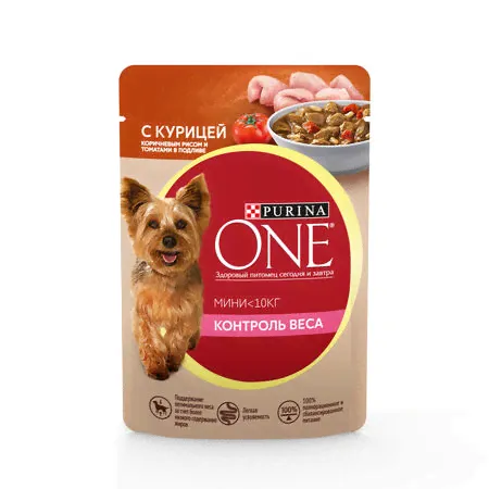 Purina ONE Мини 85 г пауч влажный корм контроль веса для собак с курицей, рисом и томатами 1х26-0