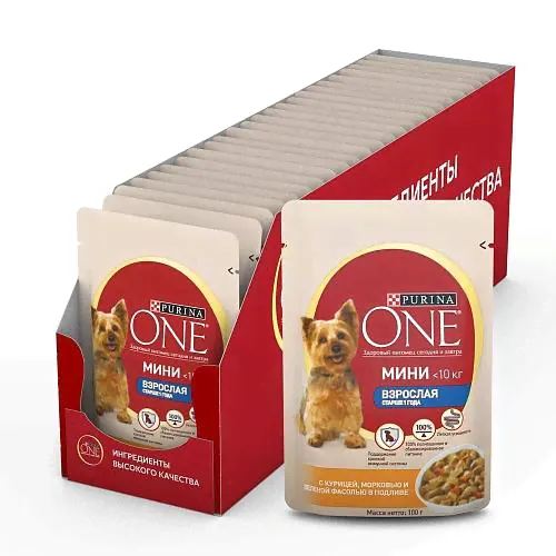 Влажный корм для собак мелких пород старше 1 года Purina ONE Мини Взрослая, с курицей, морковью и зеленой фасолью в подливе, Пауч-4