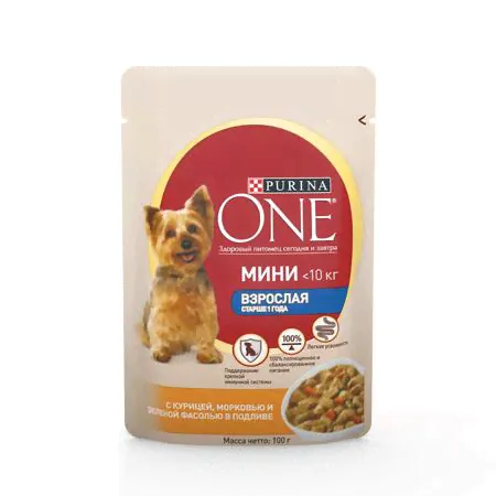 PURINA ONE МИНИ Актив 85 г пауч консервы для собак, с курицей, морковью и зеленой фасолью в подливе 1х26-0