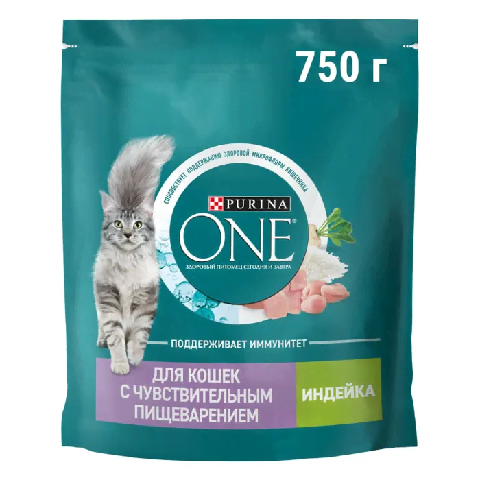 Сухой корм для кошек Purina ONE для чувствительного пищеварения с индейкой 750г-1