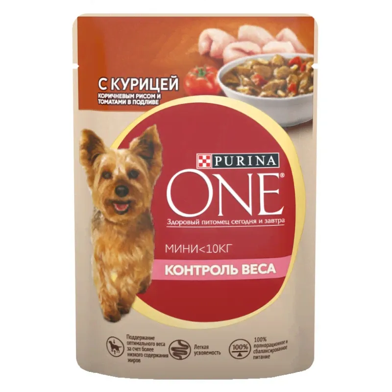 Влажный корм Purina One Мини для взрослых собак мелких пород с курицей, коричневым рисом и томатами в подливе, 85 г-0