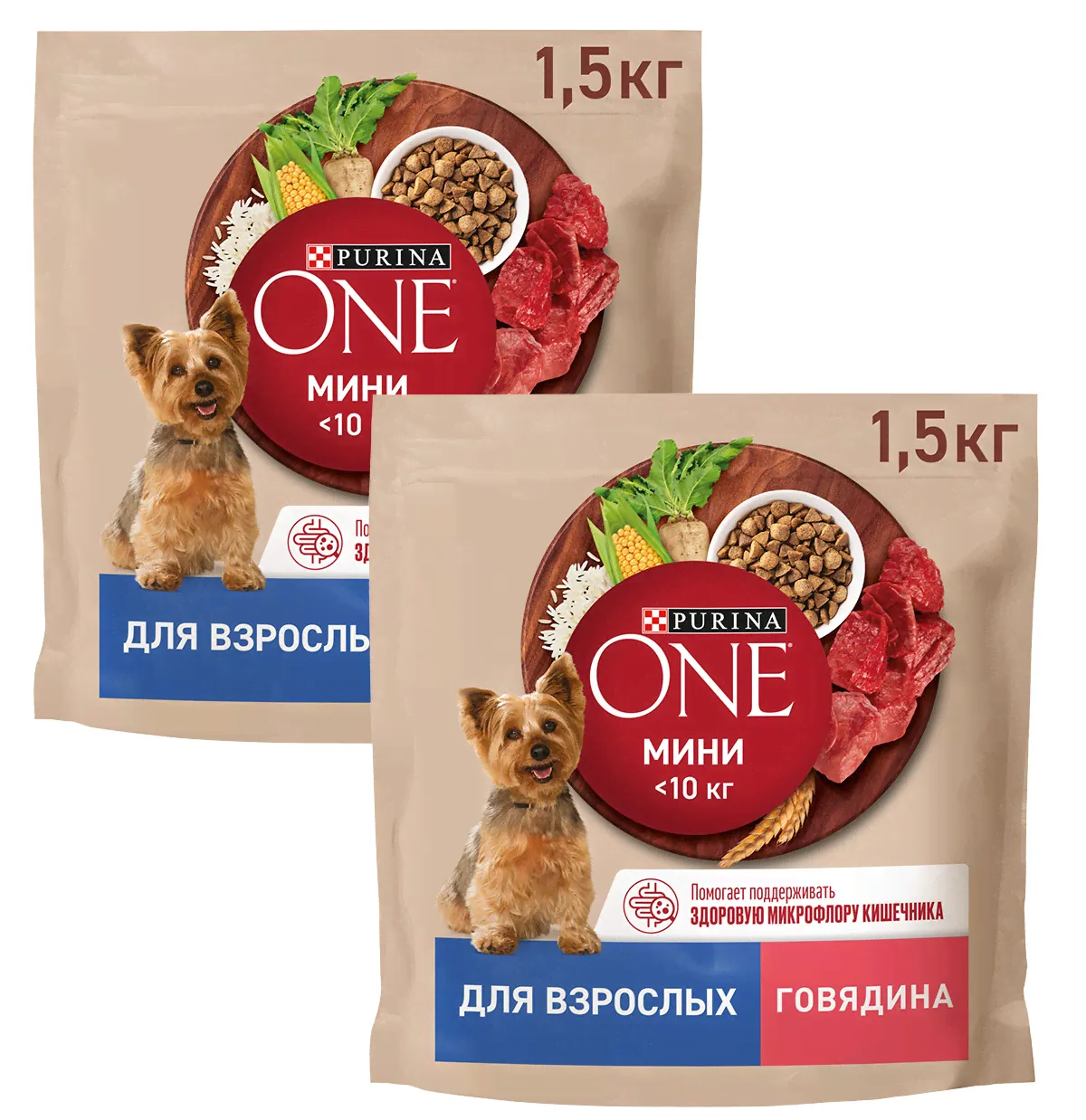 Purina One Сухой корм для взрослых собак мелких и карликовых пород с говядиной и рисом Набор 2х1,5кг