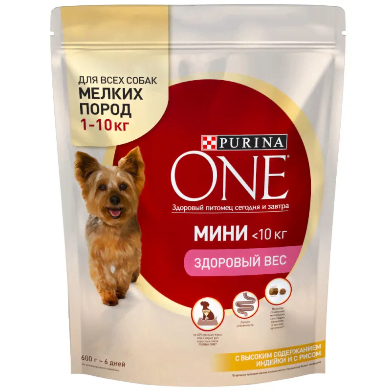Сухой корм Purina One Мини Здоровый Вес для собак мелких пород с индейкой и рисом, 600 г