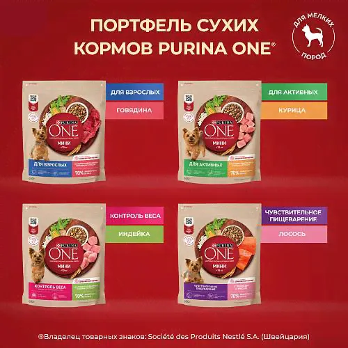 Сухой корм для собак мелких пород Purina One Мини Взрослая, с говядиной и рисом