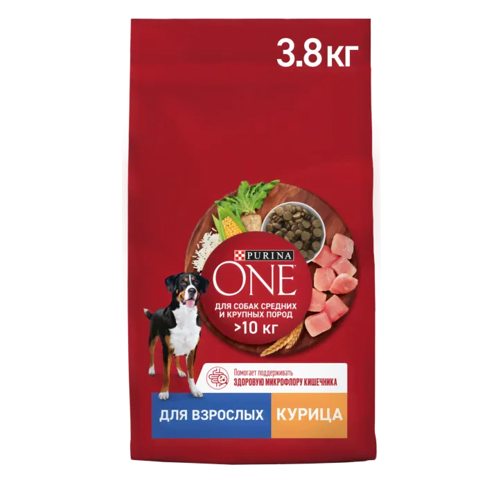 Сухой корм PURINA ONE® для взрослых собак средних и крупных пород с курицей и рисом 3,8 кг