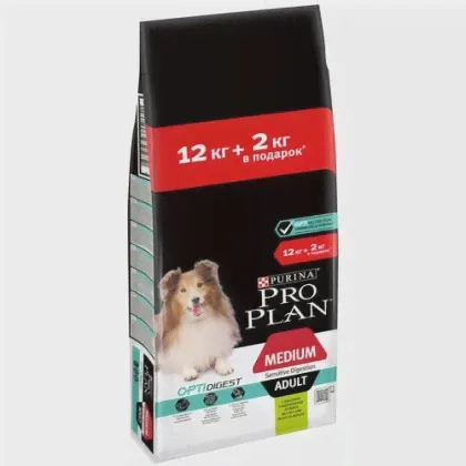 Сухой корм Purina Pro Plan для собак средних пород, с чувствительным пищеварением, с ягненком, 12+2 кг