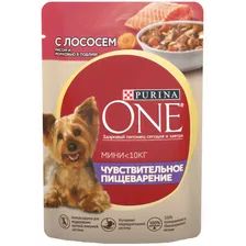 Влажный корм Purina One Mini для взрослых собак мелких пород с чувствительным пищеварением с лососем, рисом и морковью в подливе, 85 г
