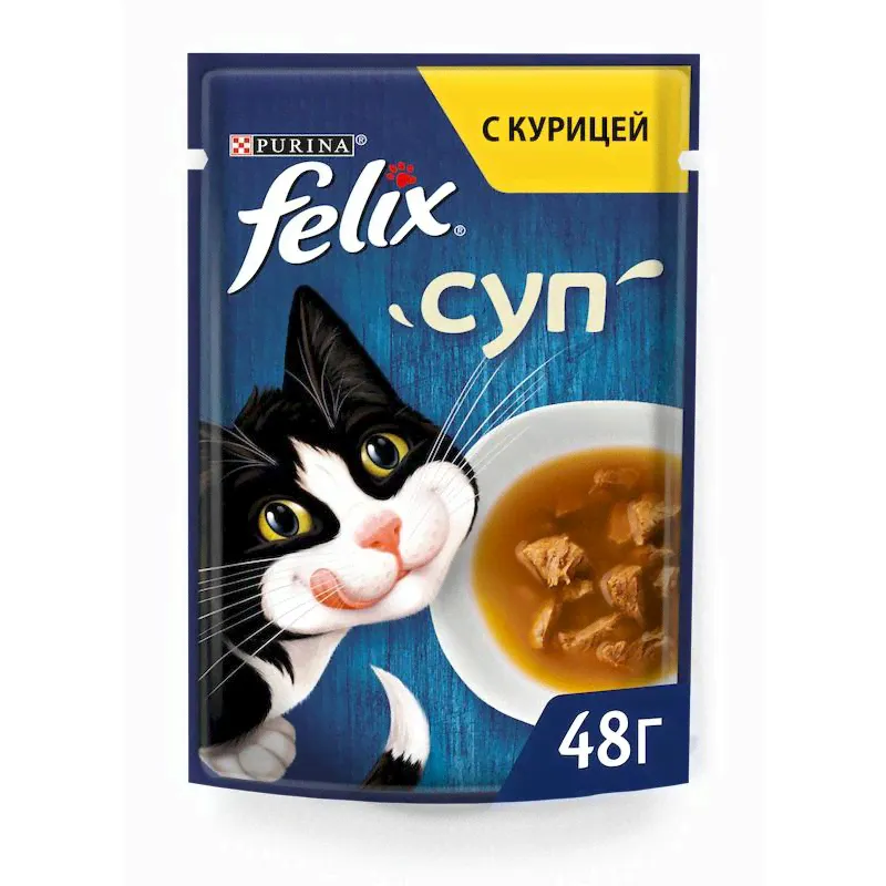 PURINA Felix Суп корм влажный для кошек Курица, пауч 48г-0