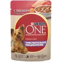 Влажный корм Purina One Mini для взрослых собак мелких пород с чувствительным пищеварением с лососем, рисом и морковью в подливе, 85 г