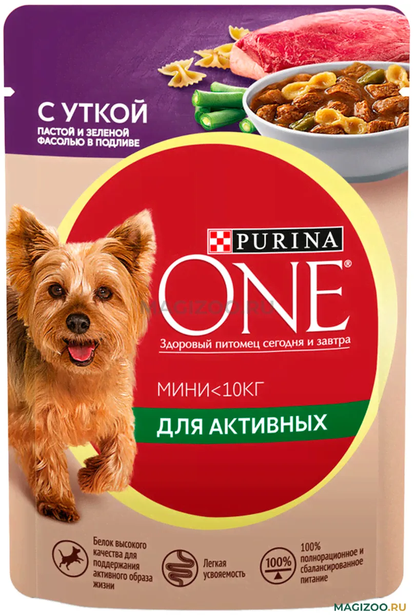 Влажный корм (консервы) PURINA ONE МИНИ для взрослых активных собак мелких пород с уткой, пастой и зеленой фасолью в подливе пауч (85 гр)
