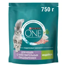 Сухой корм для кошек Purina ONE для чувствительного пищеварения с индейкой 750г