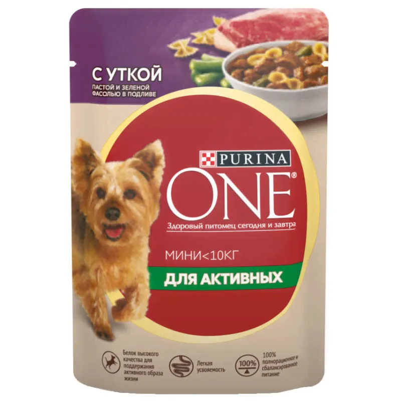Влажный корм Purina One Mini для взрослых активных собак мелких пород с уткой, пастой и зеленой фасолью в подливе, 85 г