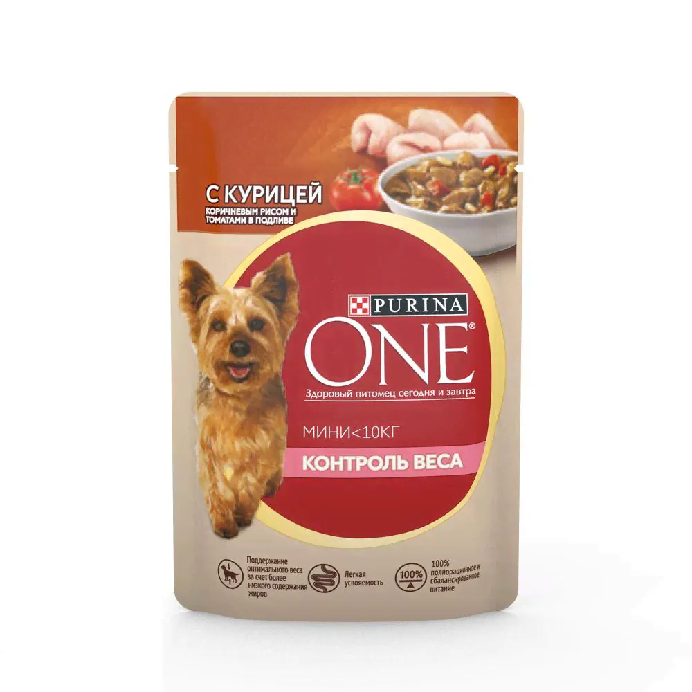 Влажный корм для взрослых собак мелких пород Purina ONE Мини Контроль веса, с курицей, коричневым рисом и томатами в подливе, Пауч-1