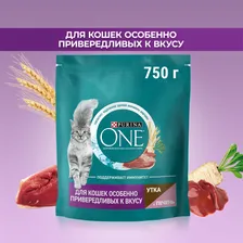 PURINA ONE® 750 г сухой корм для взрослых кошек особенно привередливых к вкусу с уткой и печенью