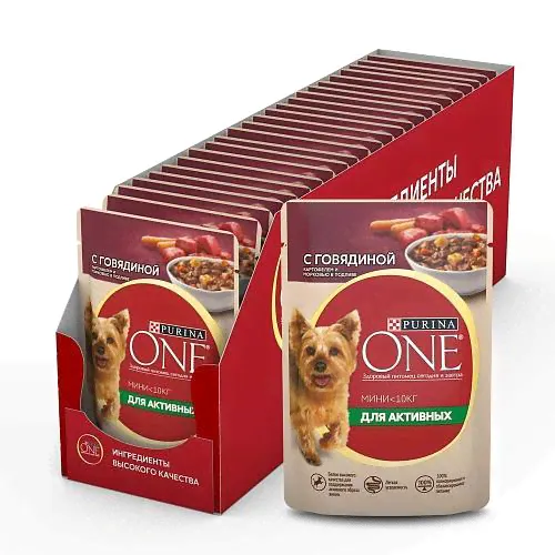 Влажный корм для активных взрослых собак мелких и карликовых пород Purina ONE Мини, с говядиной, картофелем и морковью в подливе, Пауч-1